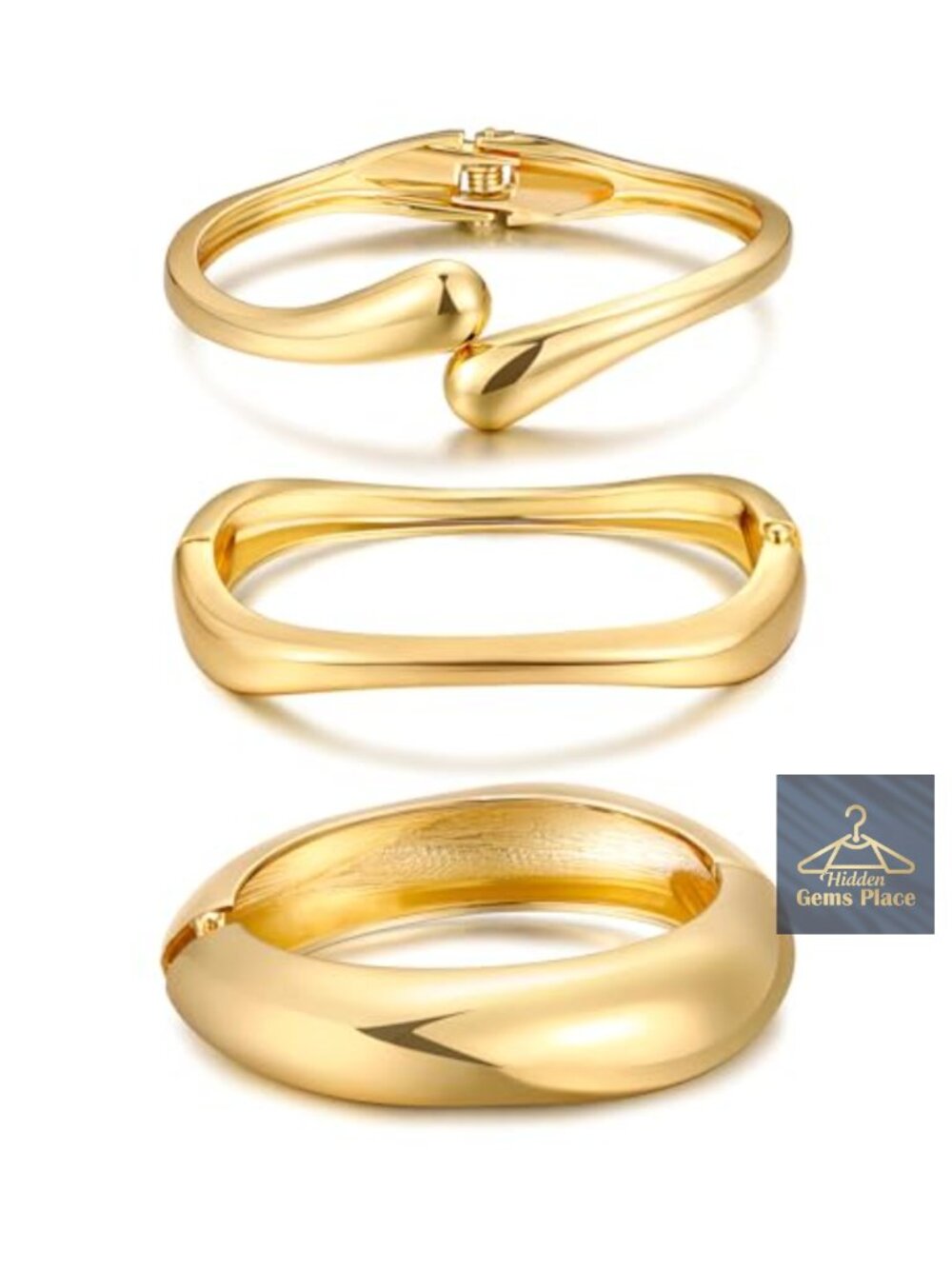 14k Gold Plated Chunky Bangle Bracelet Set, Stackable Cuff Bracelets, Statement
